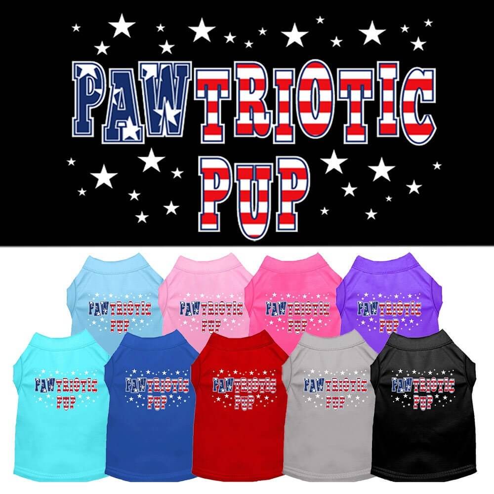 Pawtriotic Pup patriotic pet shirt design with red white and blue lettering