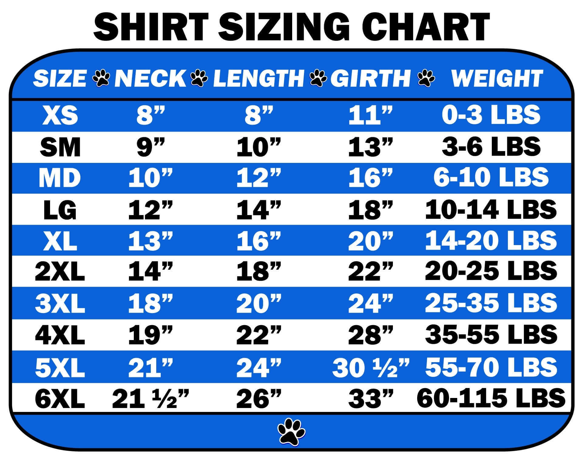 Dog and cat shirt sizing chart with measurements for small to extra large pets