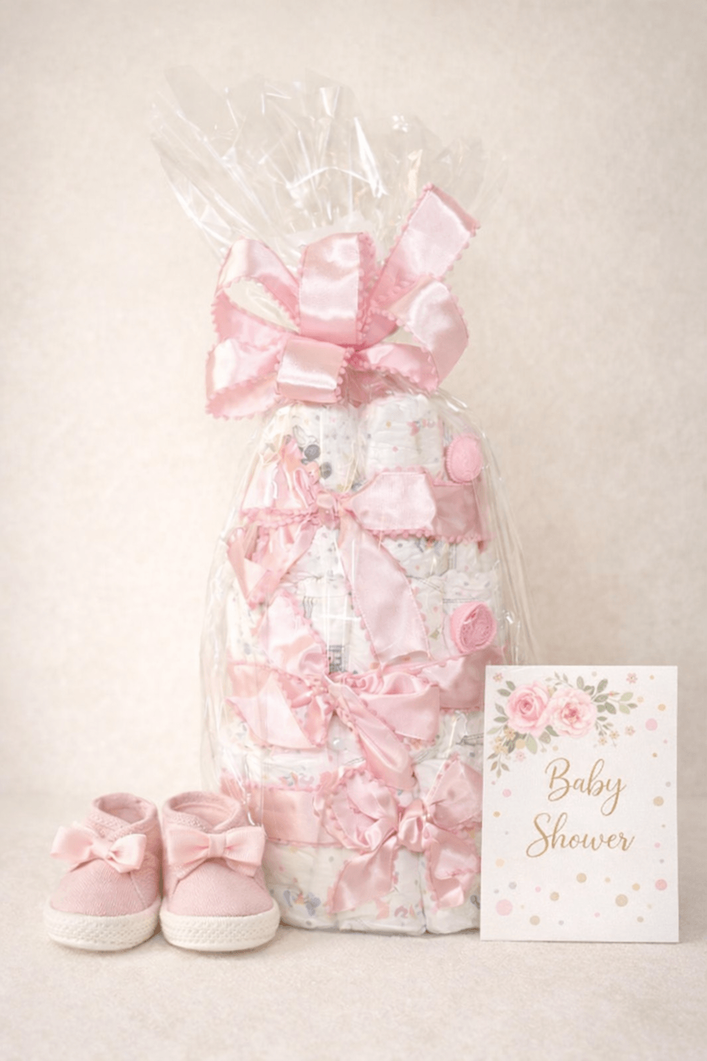 Personalized baby girl diaper cake gift basket with pink decor and baby shower card.
