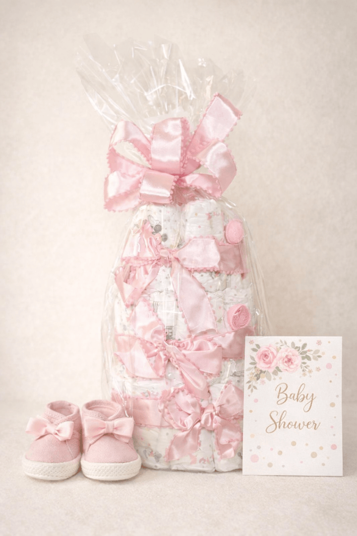 Personalized baby girl diaper cake gift basket with pink decor and baby shower card.
