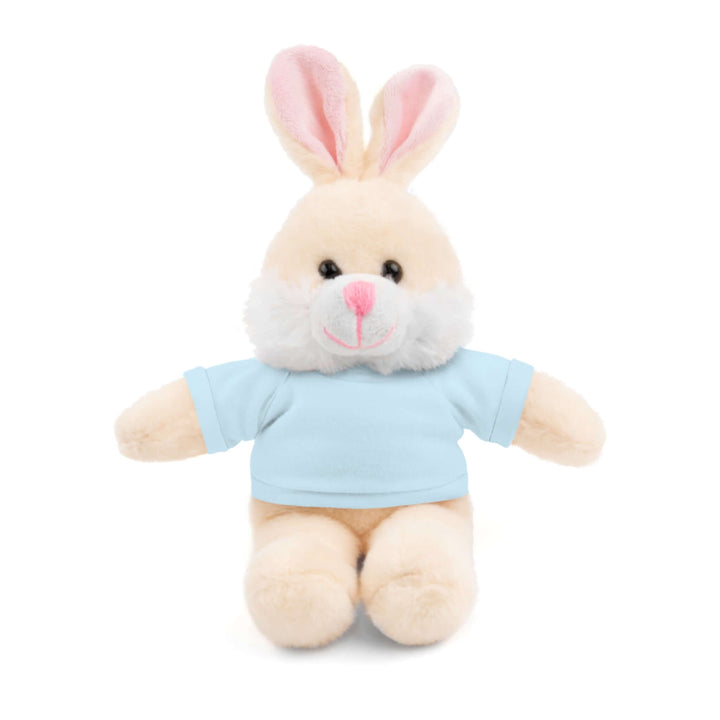 Plush toy rabbit wearing a light blue shirt on a white background
