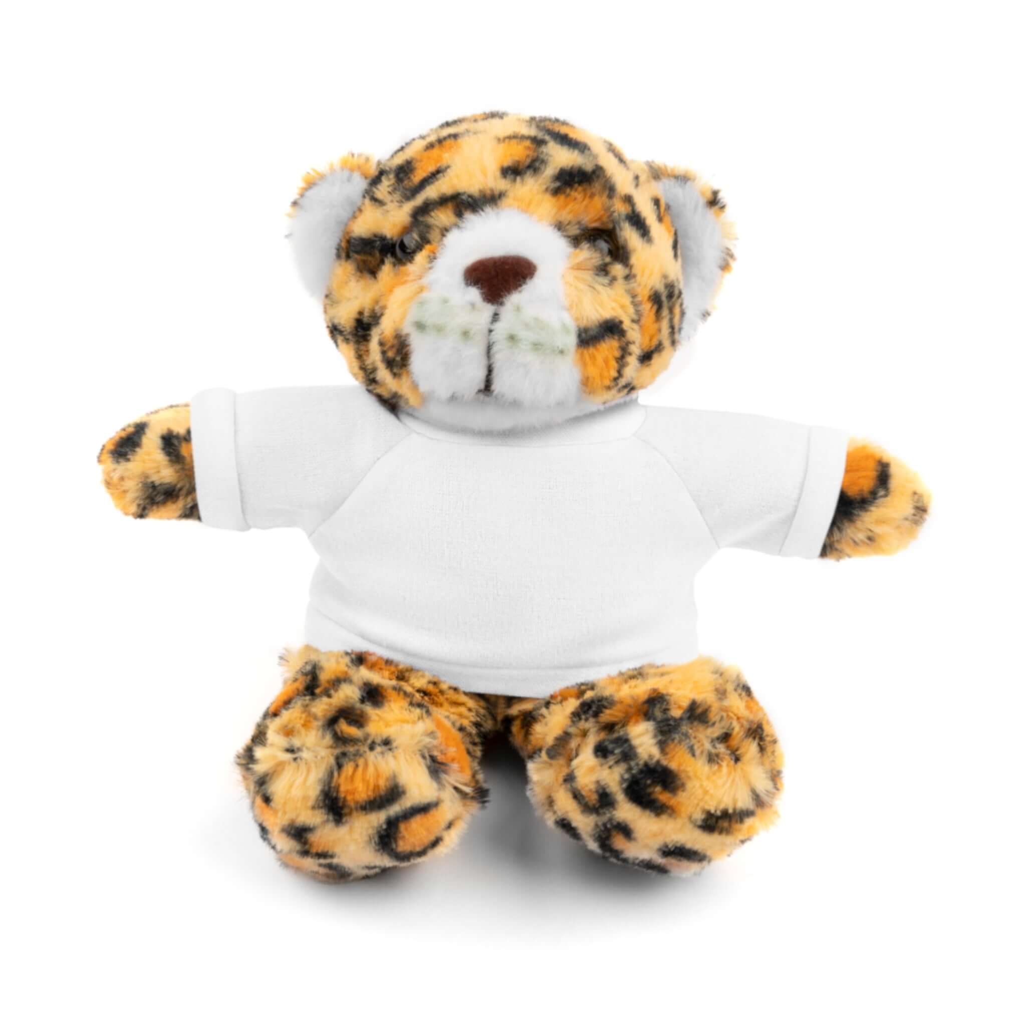 Plush toy Jaguar wearing a white shirt on a white background