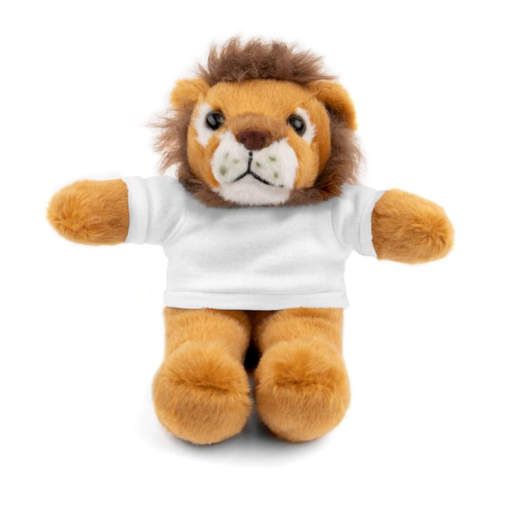 Plush lion toy wearing a white t-shirt with a logo on a white background