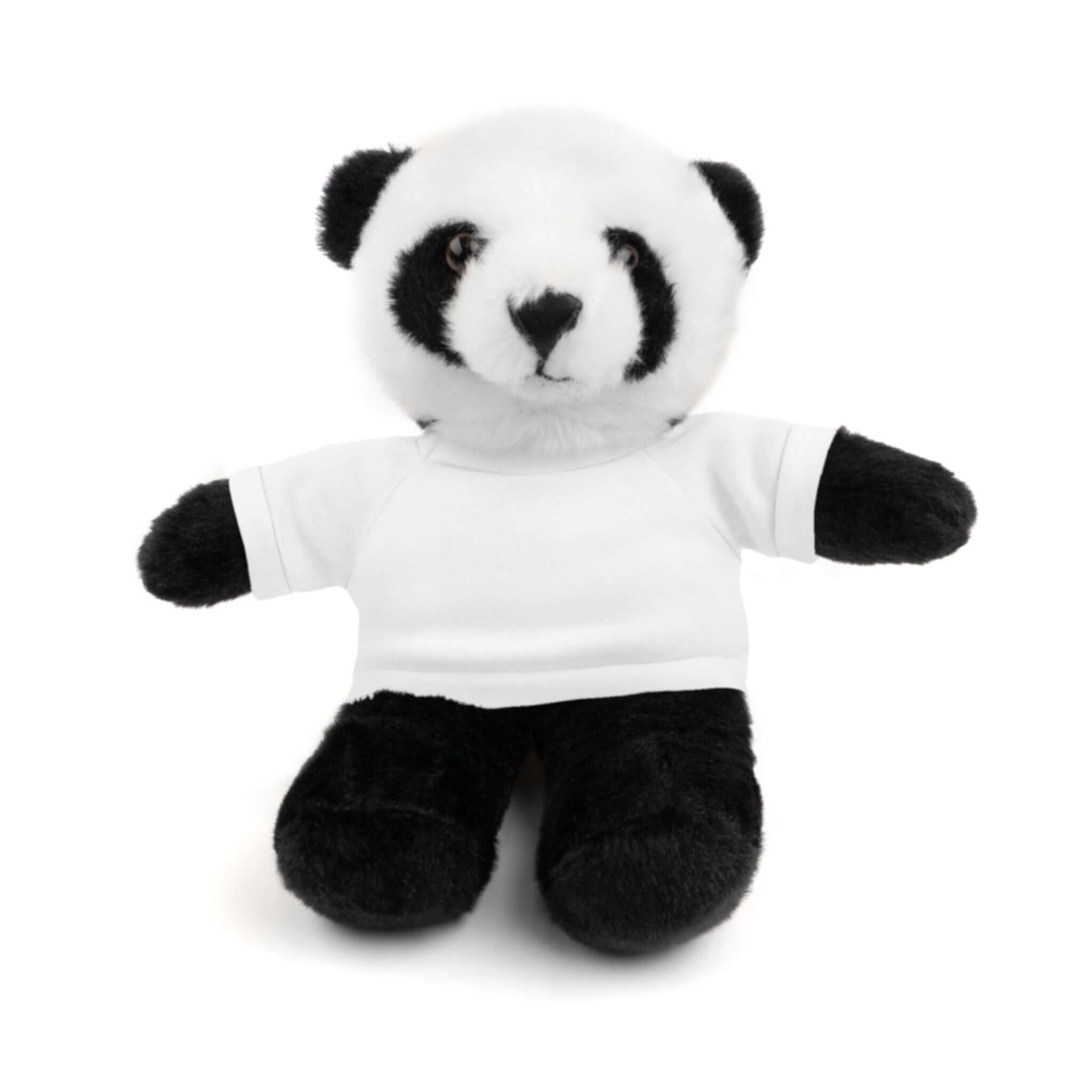 Plush panda bear wearing a white shirt on a white background