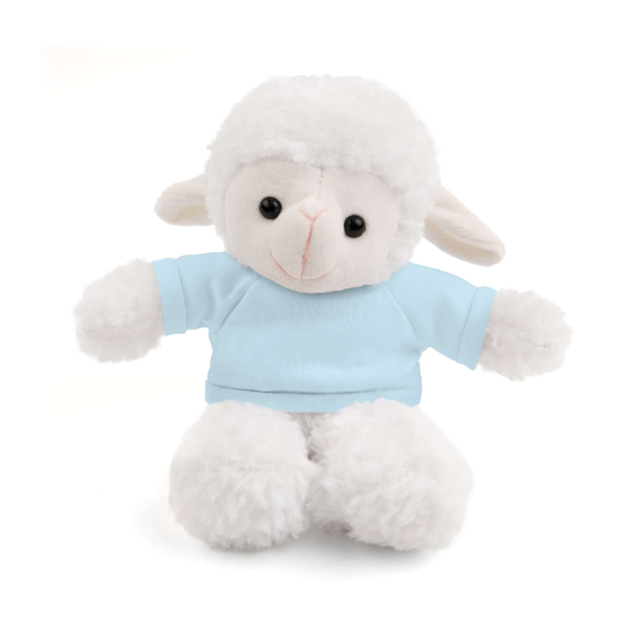 White plush sheep toy wearing a light blue shirt  on a white background