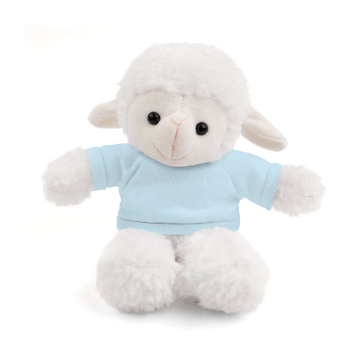 White plush sheep toy wearing a light blue shirt  on a white background