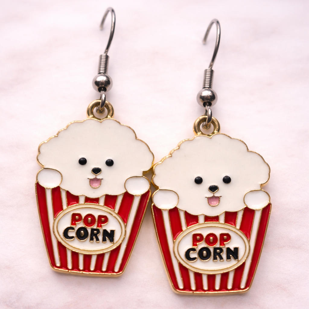 Popcorn dangle earrings with red striped popcorn bucket design, hypoallergenic and lead-free, from the Jewelry by Sonya Lee collection.