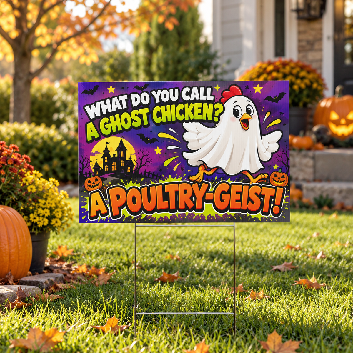 Funny Halloween yard sign featuring the ghost chicken dad joke “What do you call a ghost chicken? A poultrygeist!” in an autumn front yard.