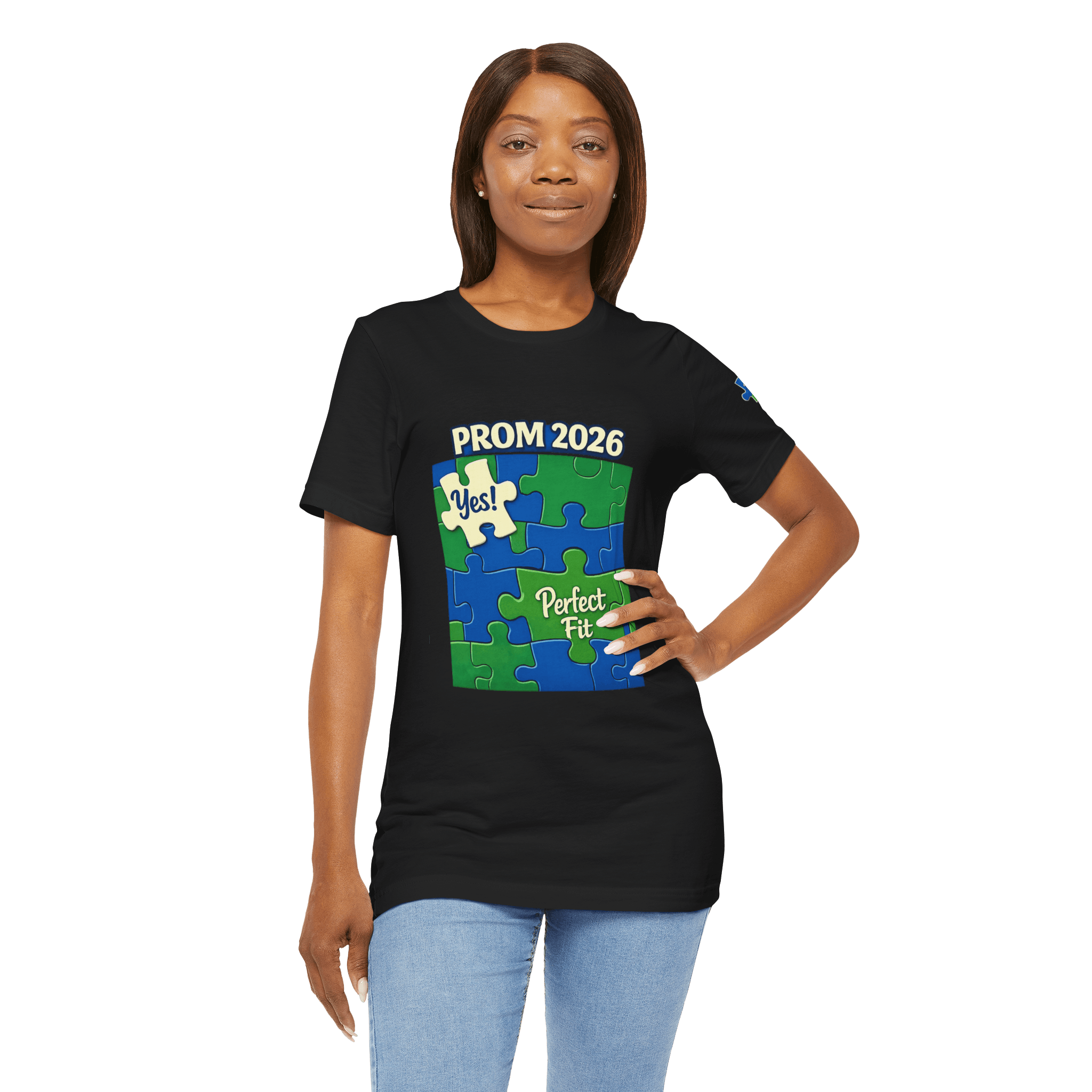 Custom promposal t-shirt featuring bold puzzle graphics for prom 2026 invitation.