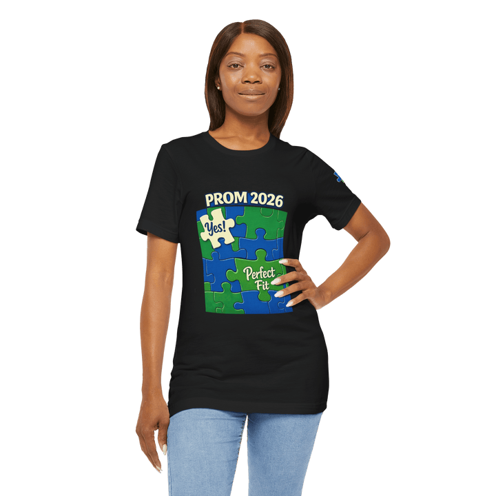 Custom promposal t-shirt featuring bold puzzle graphics for prom 2026 invitation.