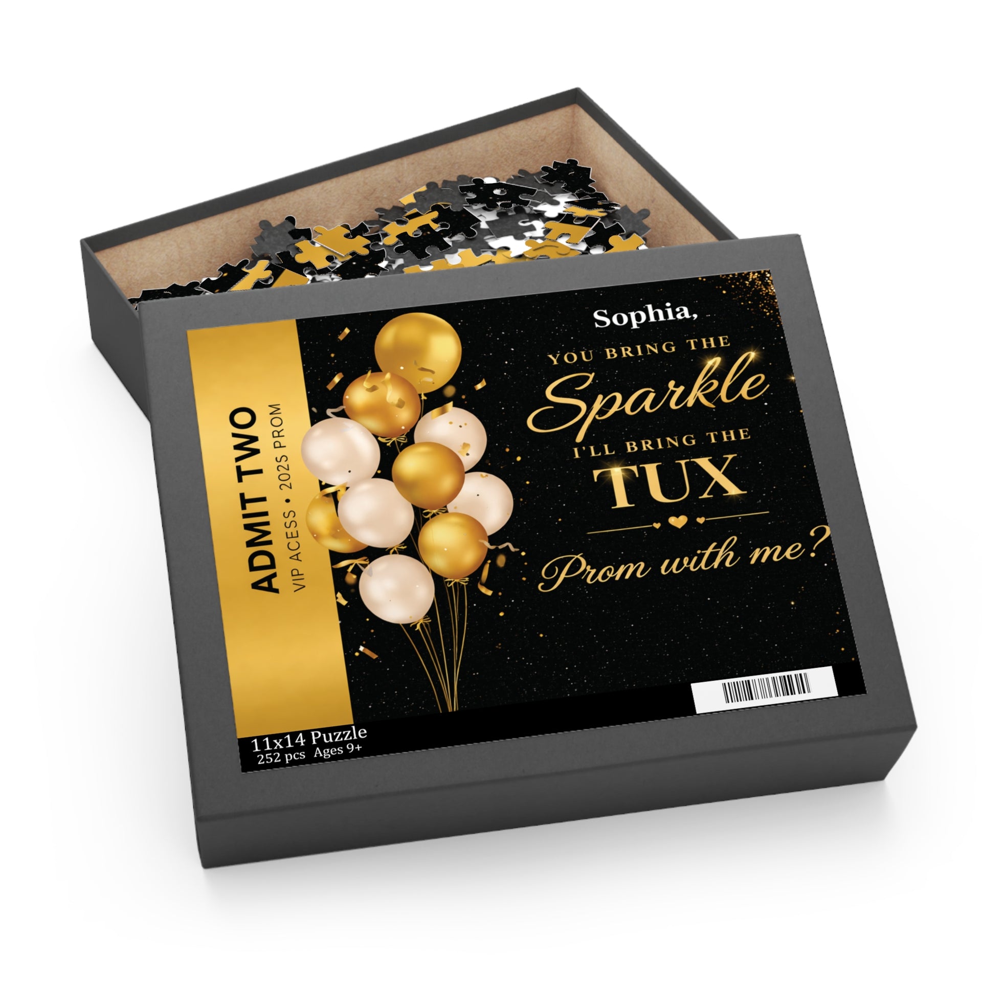 Prom-themed puzzle box with balloons and a quote on a white background