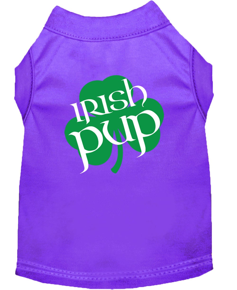 Purple pet shirt with 'Irish Pup' text and green shamrock design on a white background