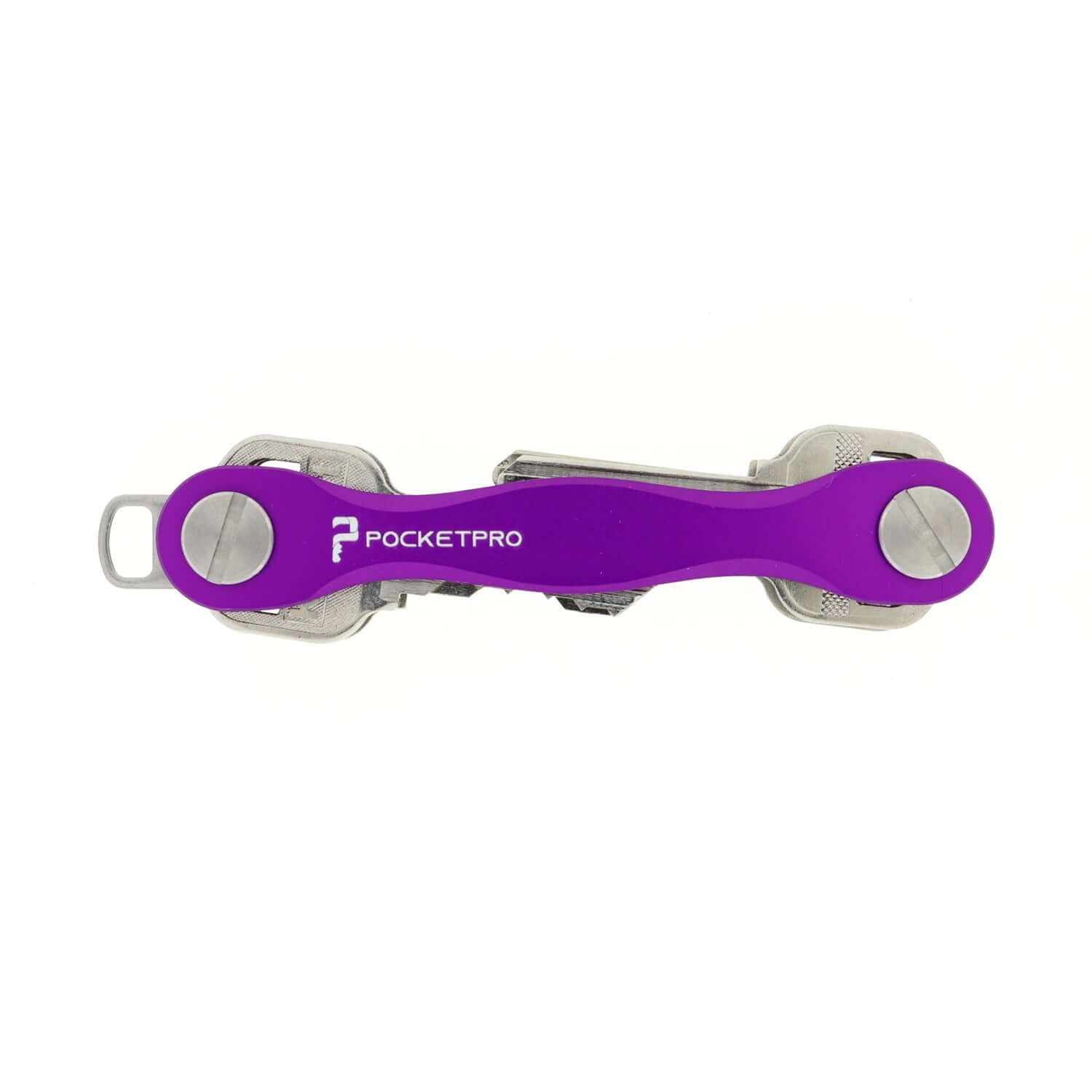 Purple PocketPro Edge slim aluminum key organizer holding multiple keys in compact quiet pocket-friendly design
