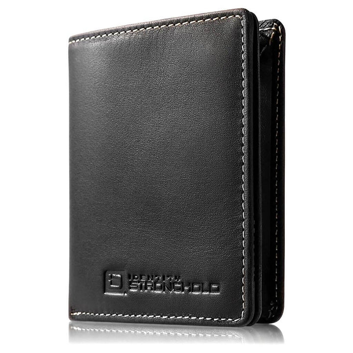 RFID bifold leather wallet in sleek black design, showcasing premium craftsmanship and minimalist style.