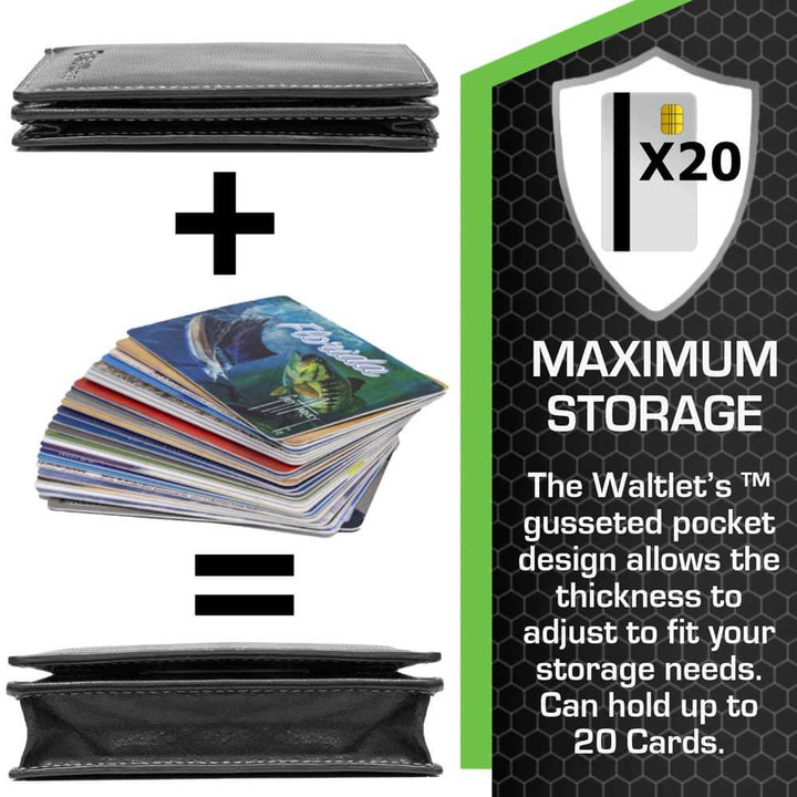 RFID bifold leather wallet showing maximum storage with gusseted design for up to 20 cards.