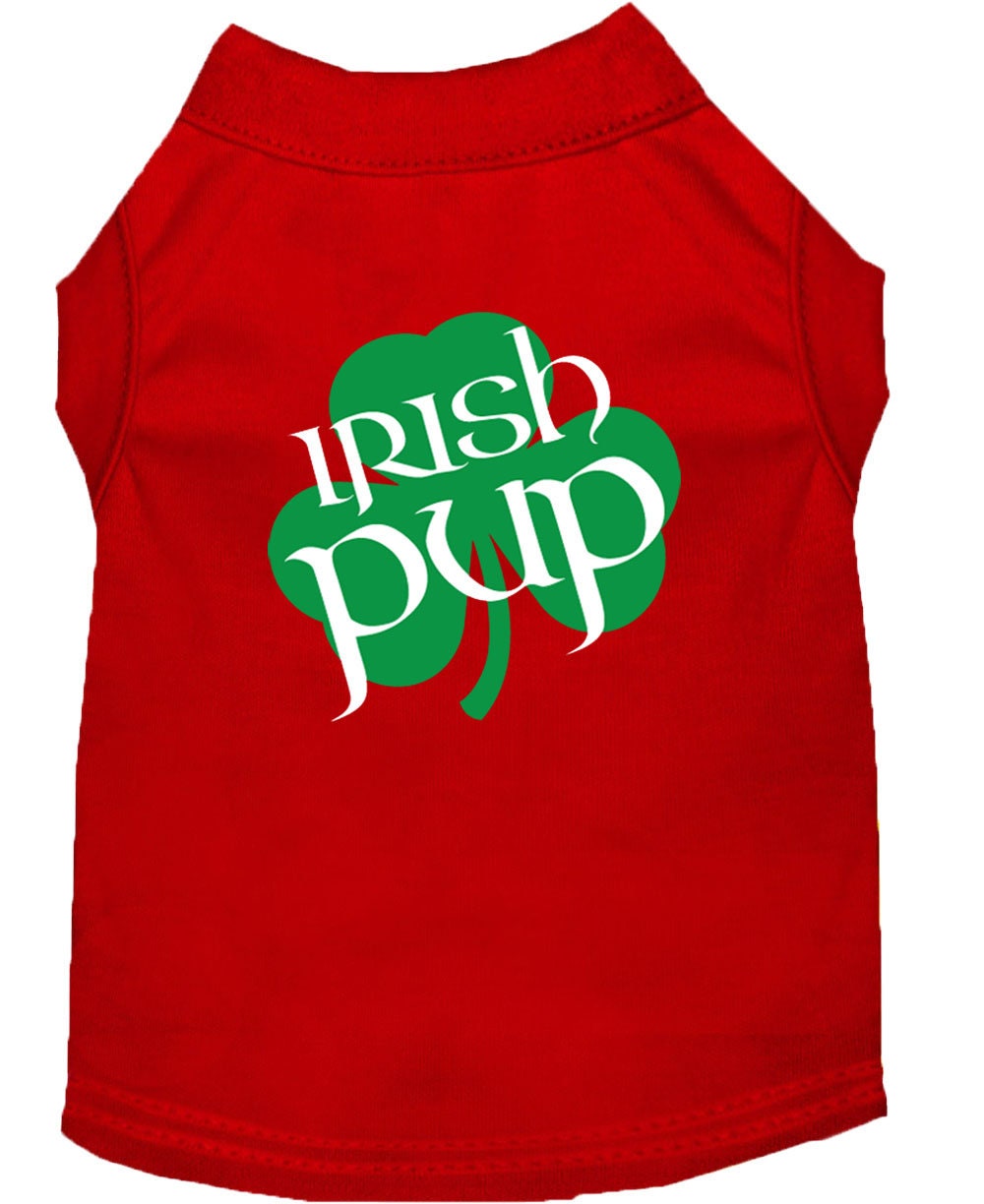 Red dog shirt with 'Irish Pup' text and green shamrock design on a white background