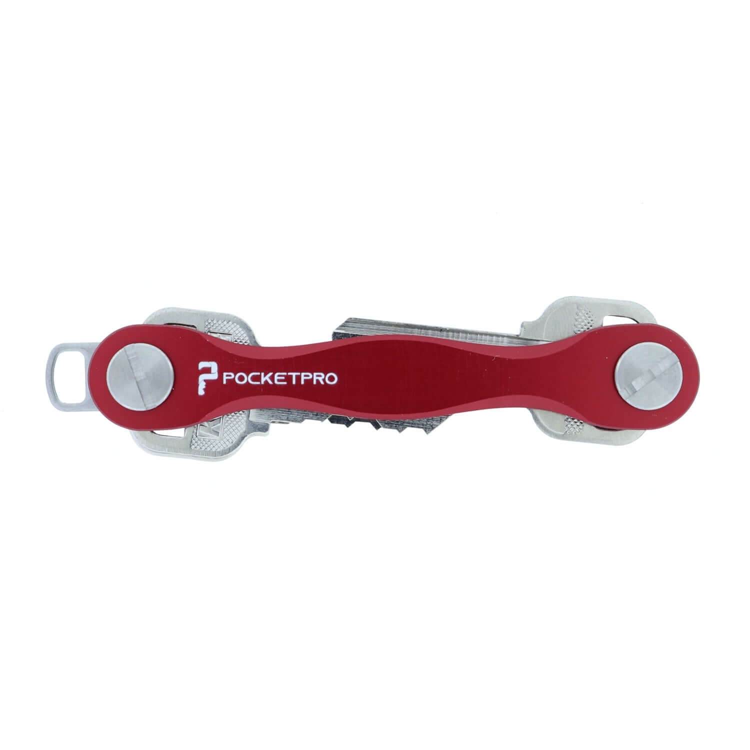 Red PocketPro Edge slim aluminum key organizer holding multiple keys in compact quiet pocket-friendly design