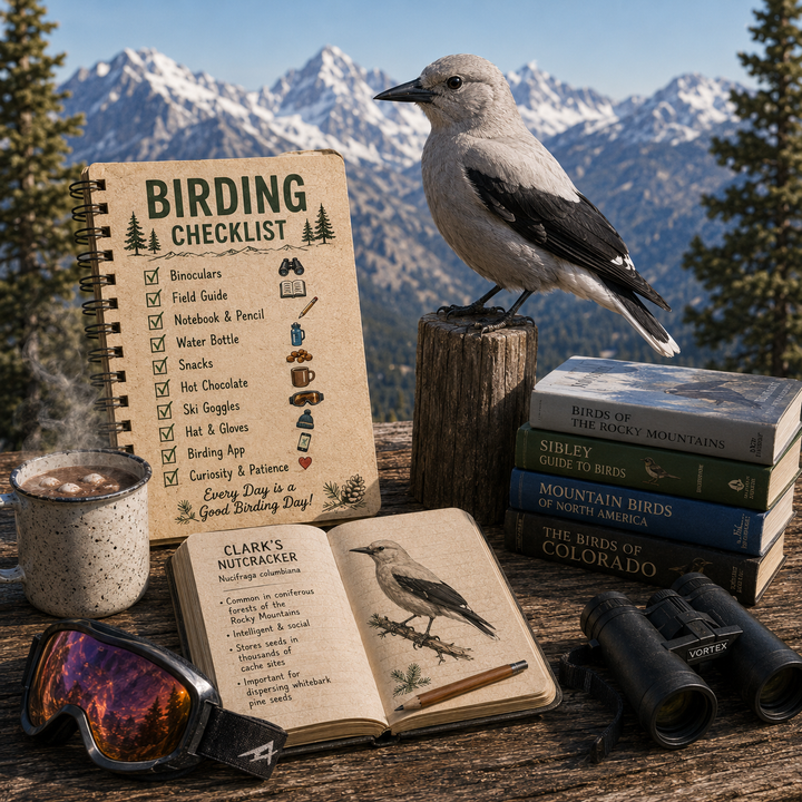 Birding checklist, books, and birdwatching gear with a mountainous background