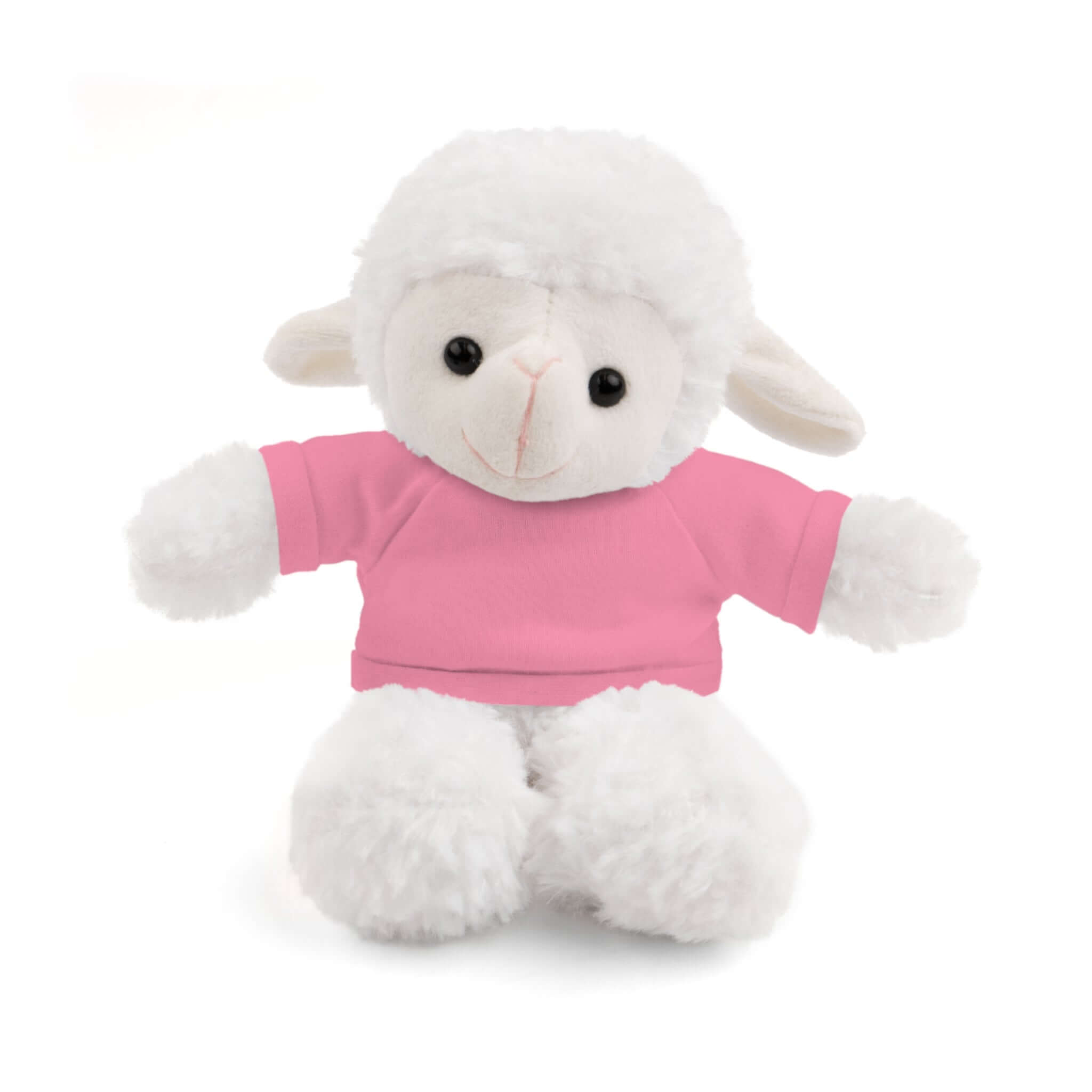 White plush sheep toy wearing a pink shirt on a white background