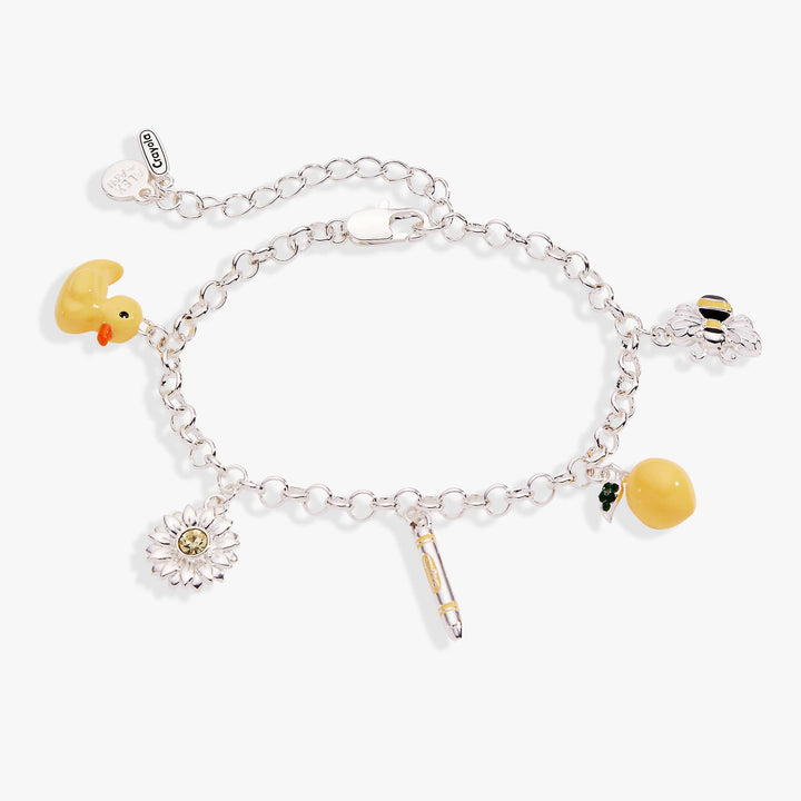 Crayola charm bracelet with duck sunflower bee featuring colorful charms and silver chain.