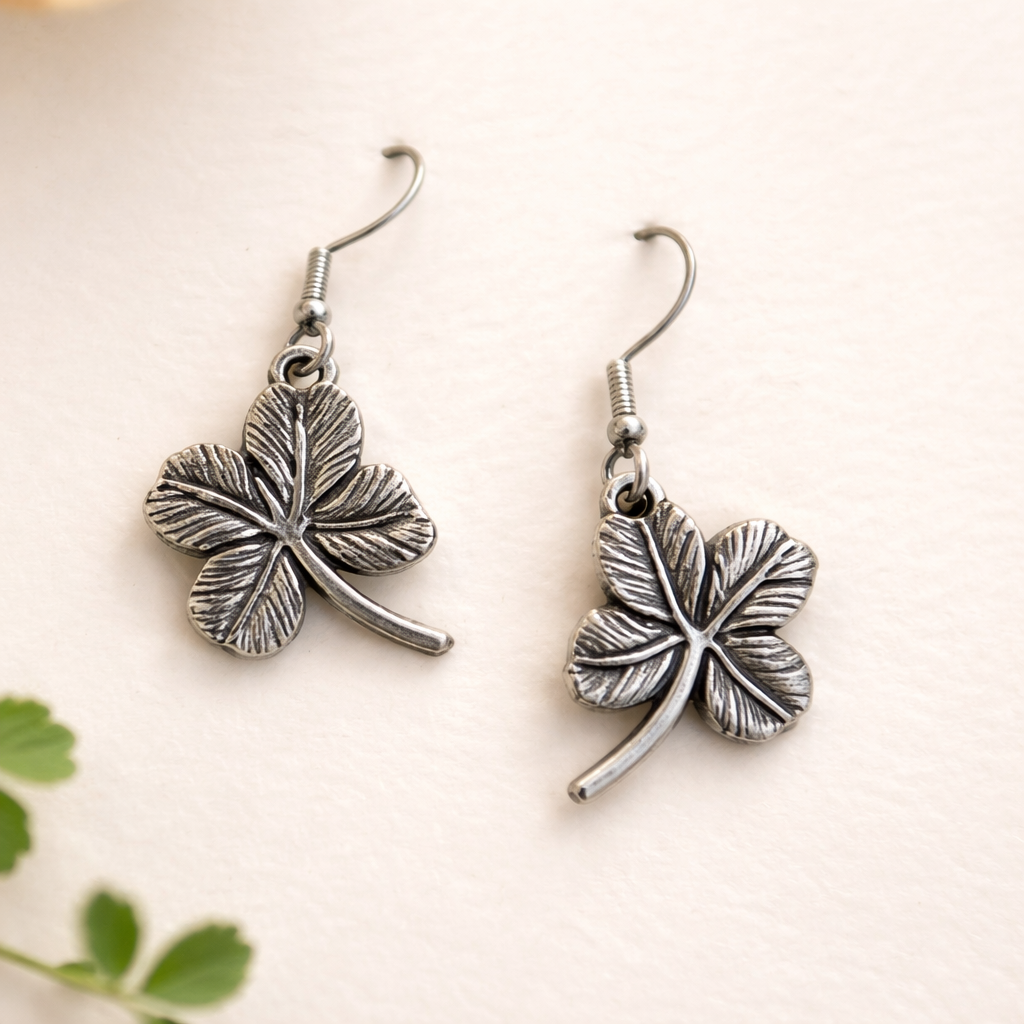 Silver four-leaf clover earrings on a light background