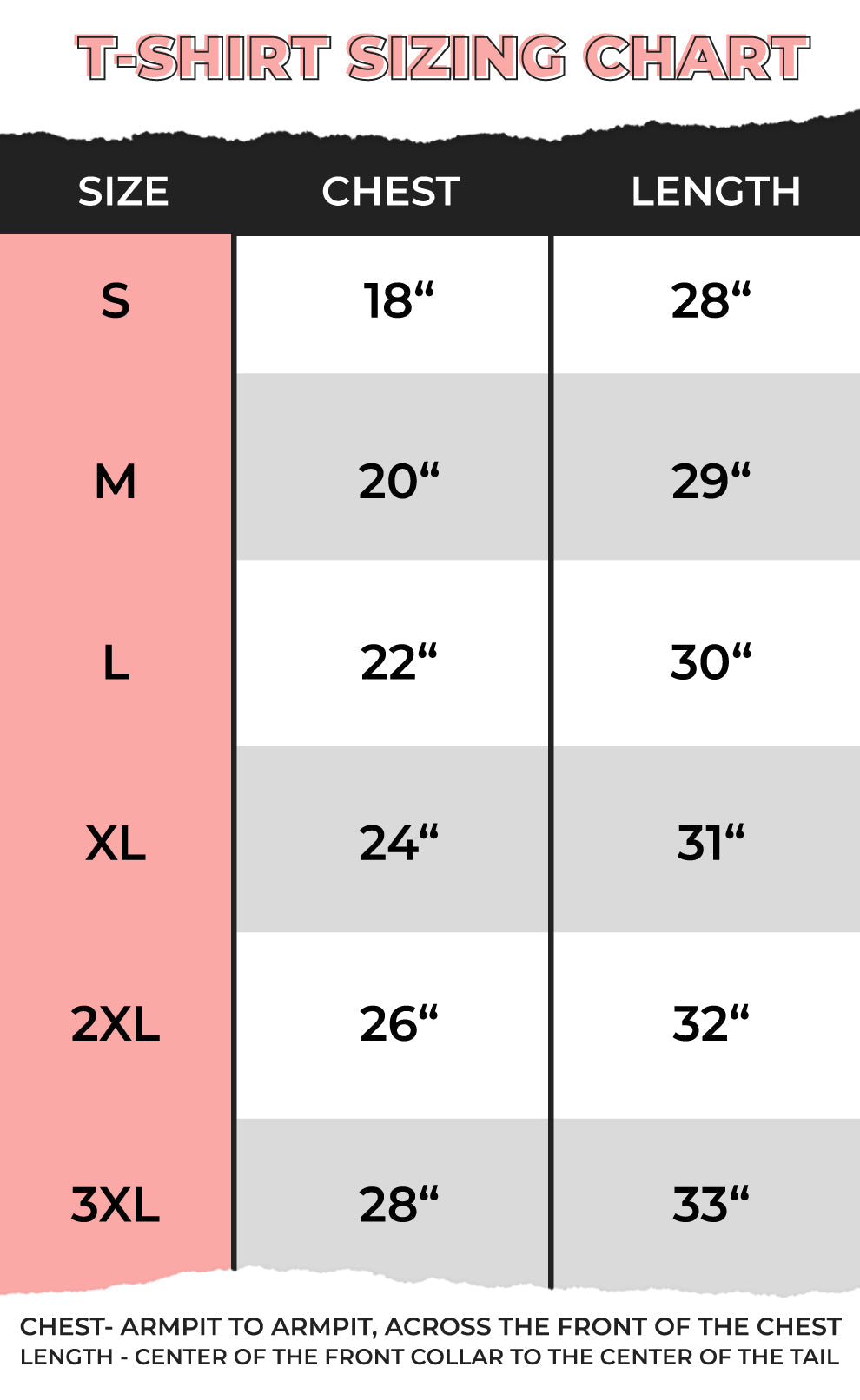 T-shirt sizing chart showing sizes S to 3XL with chest and length measurements in inches.