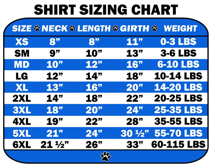 Dog shirt sizing chart with measurements and weight ranges.