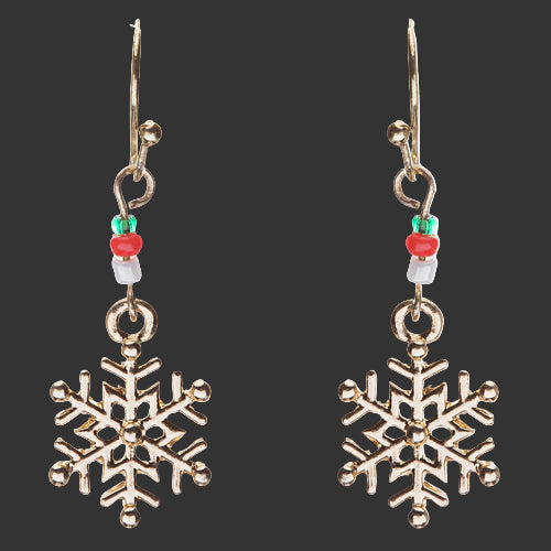 Gold snowflake earrings with red and green beads
