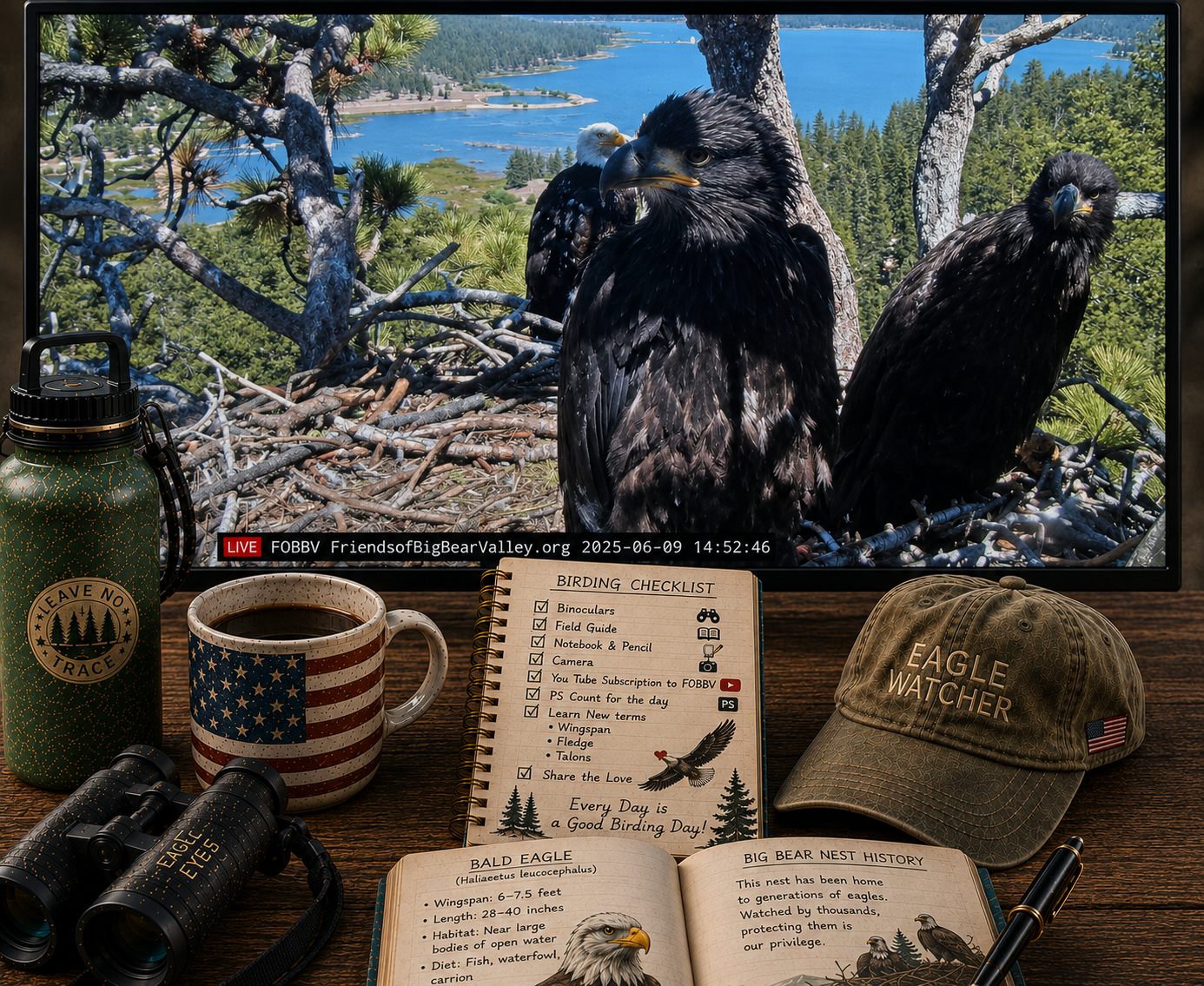 Eagles in a nest with a coffee cup, binoculars, and 'Eagle Watcher' cap on a wooden surface.