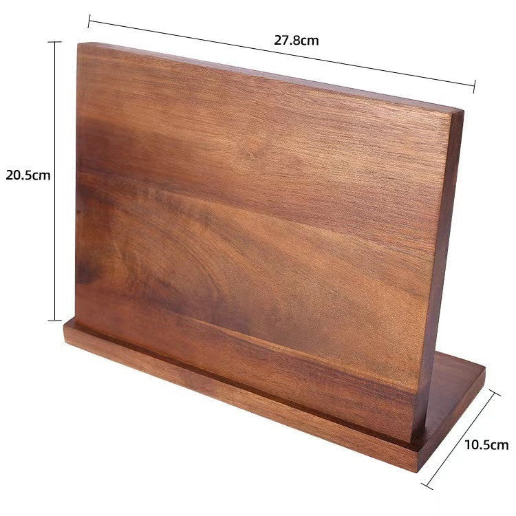 Rear angle view of solid wood magnetic knife block with dimensions shown