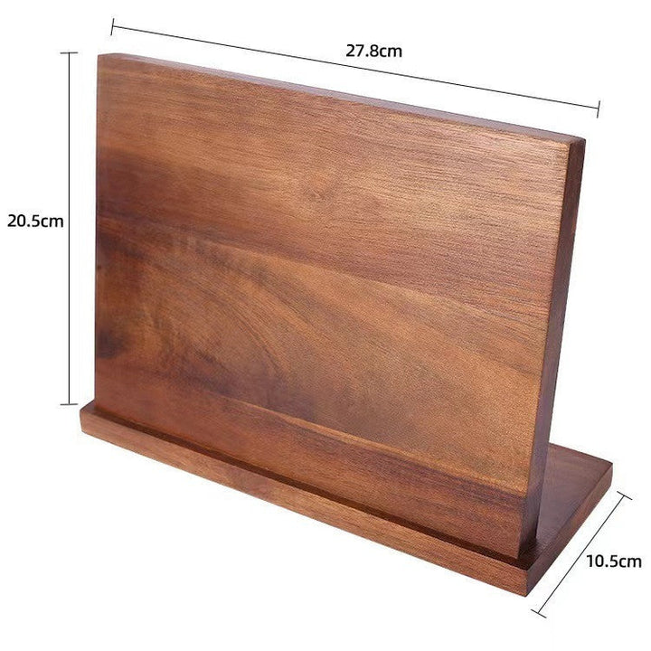 Rear angle view of solid wood magnetic knife block with dimensions shown