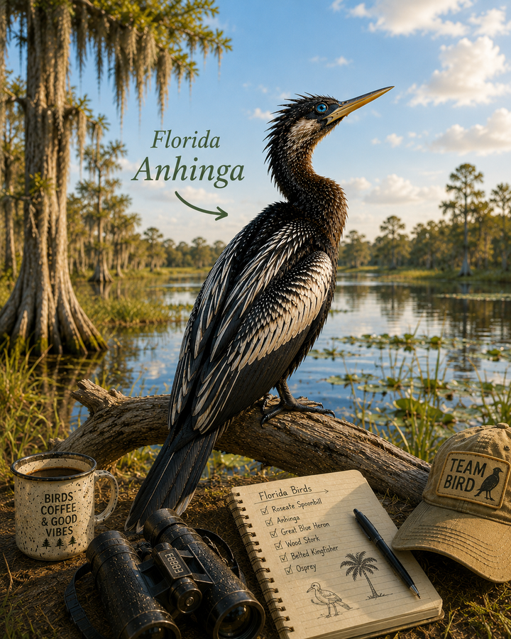 Florida Anhinga on a log with nature and birding gear in the background