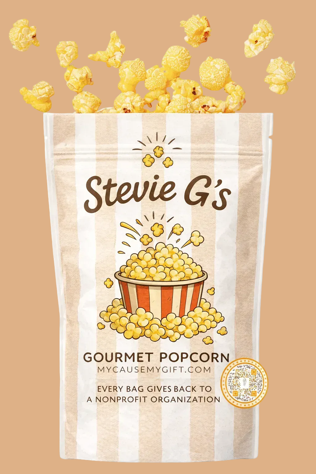 Stevie G's gourmet popcorn bag with popcorn spilling out on a white background