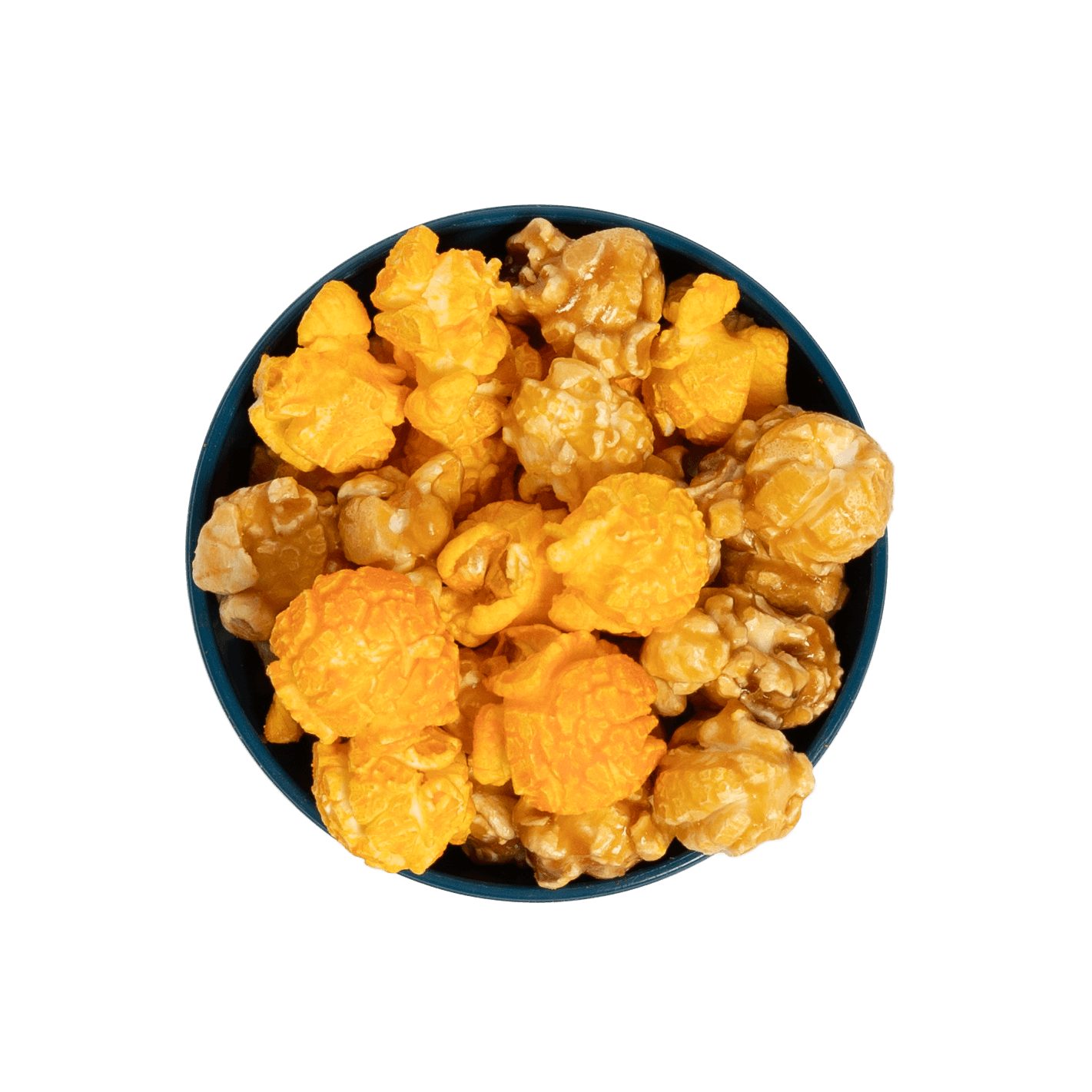 Bowl of Stevie G’s Gourmet Cheese Caramel Popcorn with fluffy orange kernels in teal bowl viewed from above