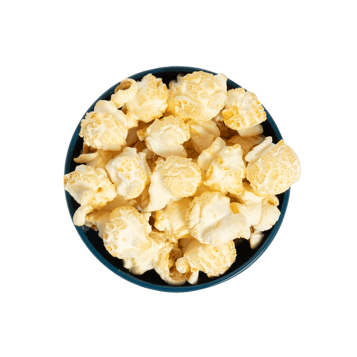 Bowl of Stevie G’s Gourmet Kettle Popcorn with fluffy yellow kernels in teal bowl viewed from above