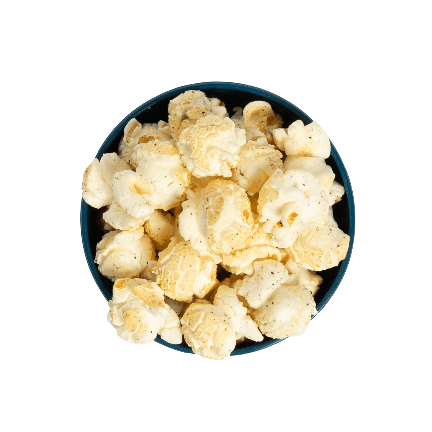 Bowl of Stevie G’s Gourmet Pepper Popcorn with fluffy yellow kernels in teal bowl viewed from above