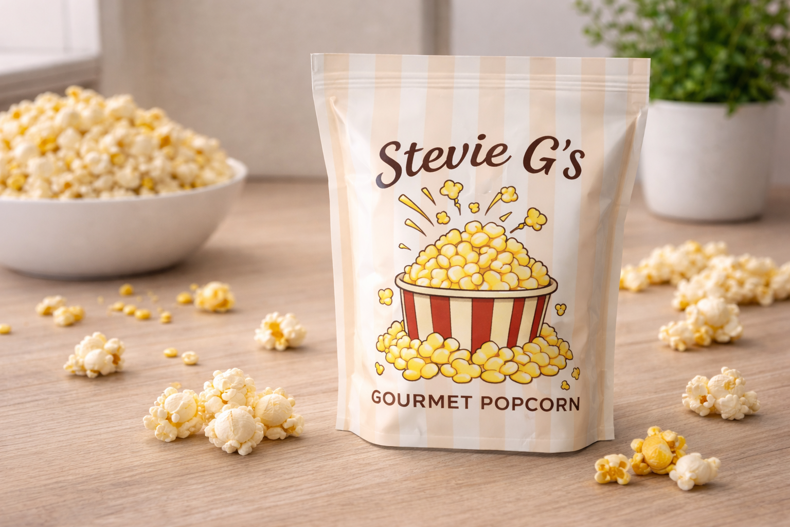 Delicious Stevie G's handcrafted gourmet popcorn in various flavors, freshly popped and ready to enjoy.