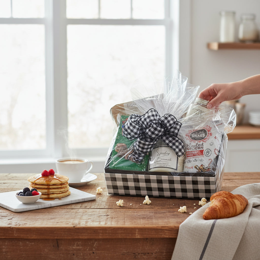 Gift basket with a checkered bow on a wooden table with breakfast items.