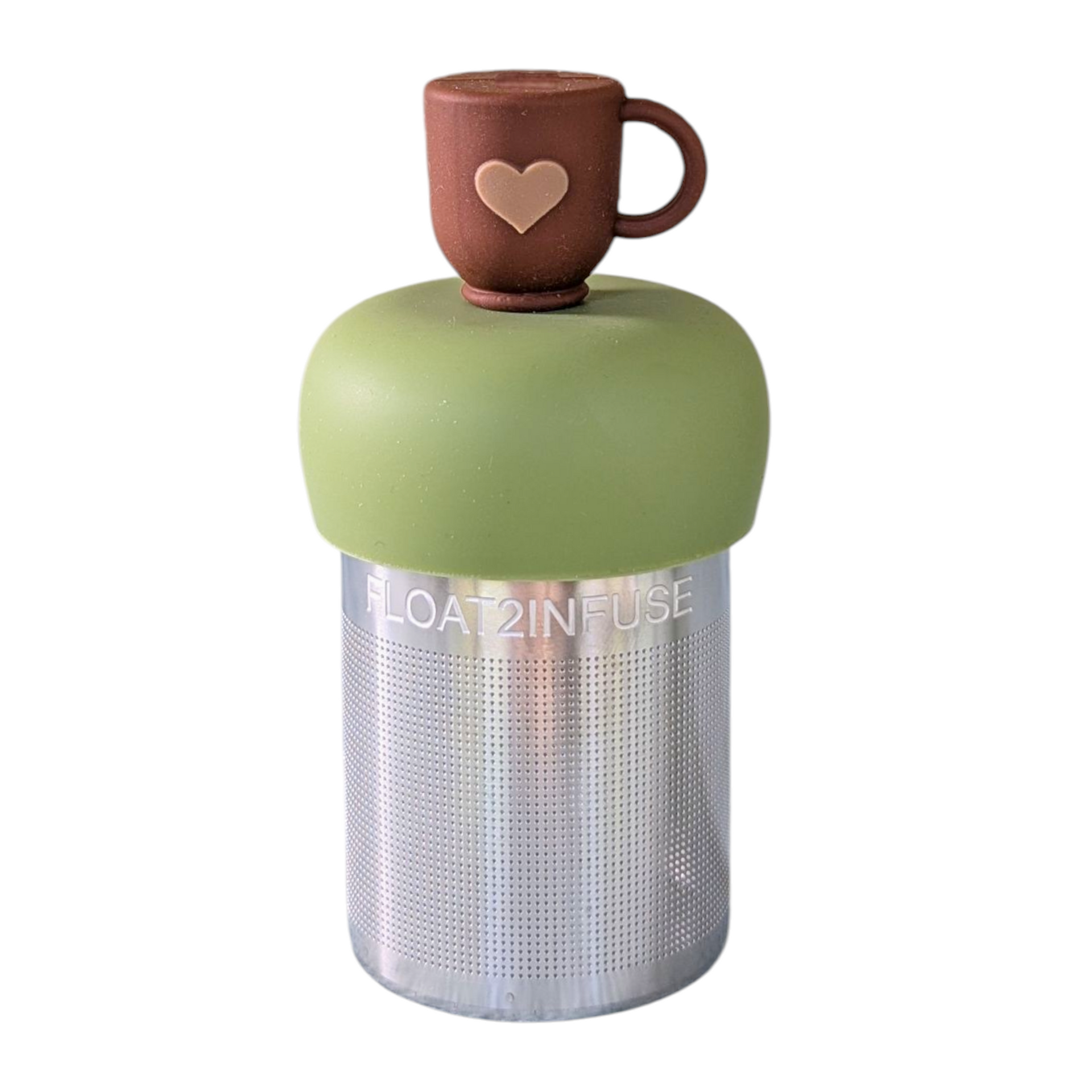 Floating Tea cup with heart tea infuser in green and brown, perfect for brewing loose leaf tea.