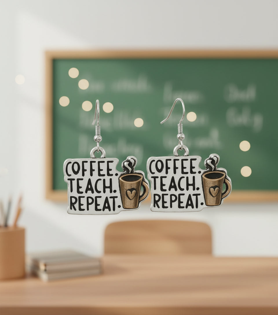 Pair of earrings with 'Coffee. Teach. Repeat.' and coffee cup designs on a white background