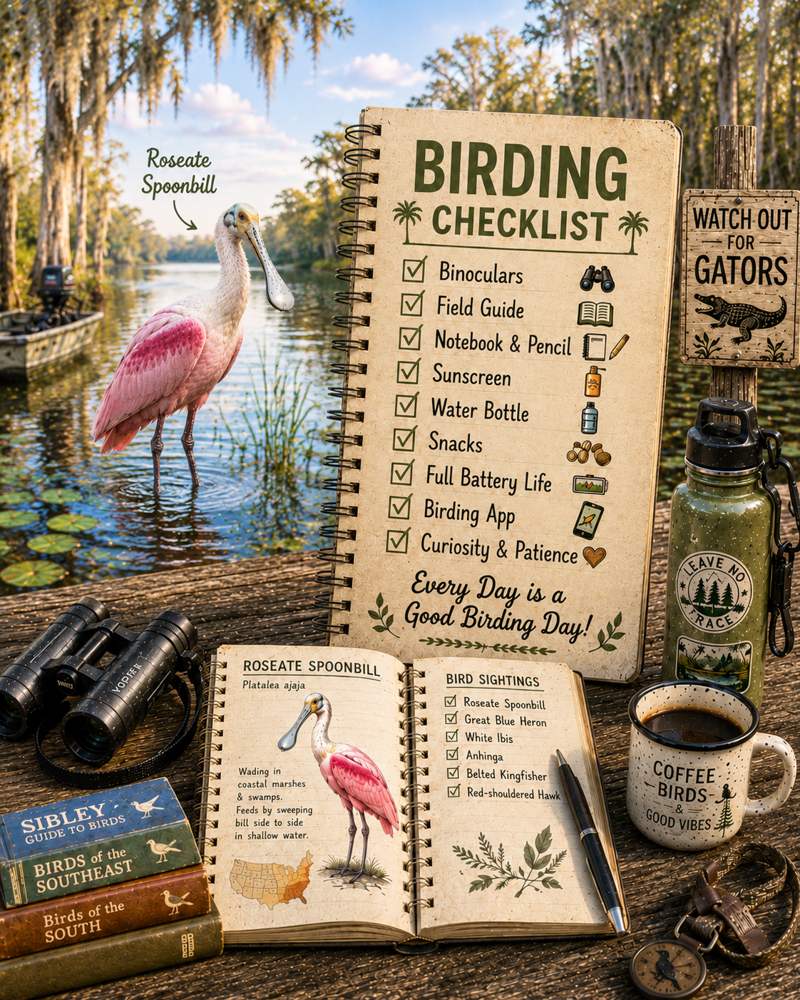 Birding checklist notebook with birding gear and nature scene