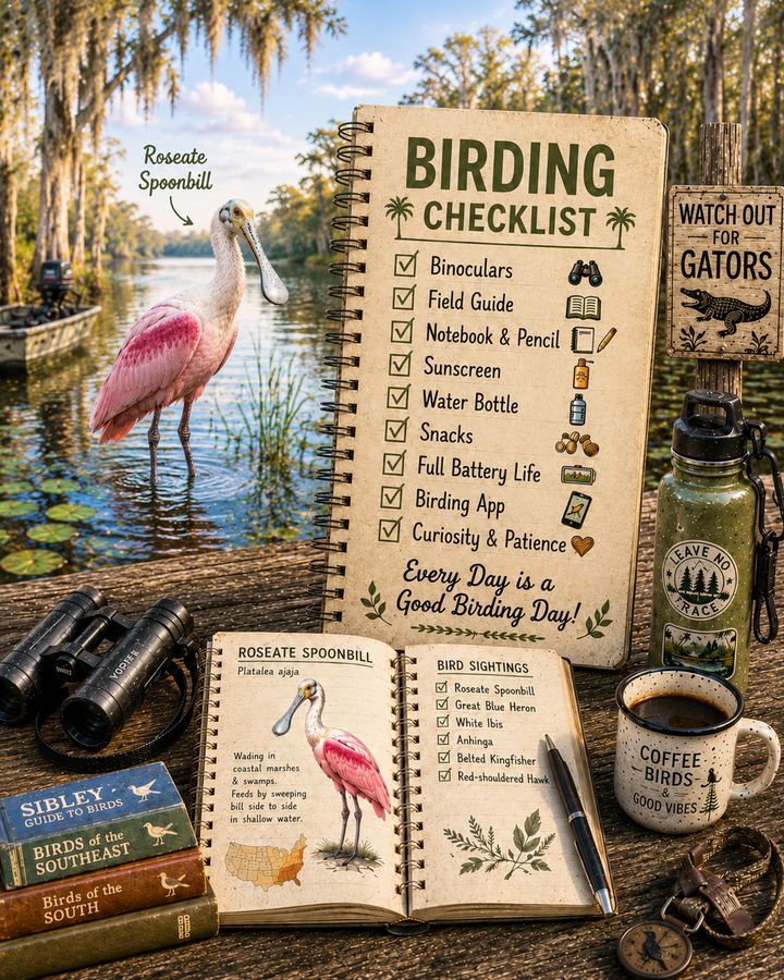 Birding checklist notebook with birding gear and nature scene