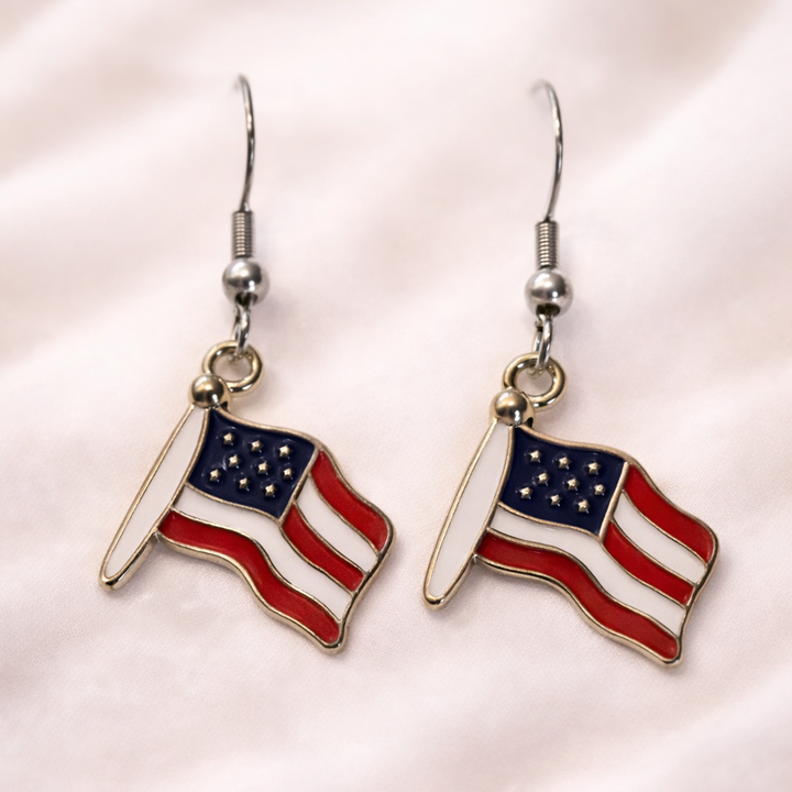 USA flag dangle earrings in red, white, and blue, hypoallergenic and lead-free, from the Jewelry by Sonya Lee collection.