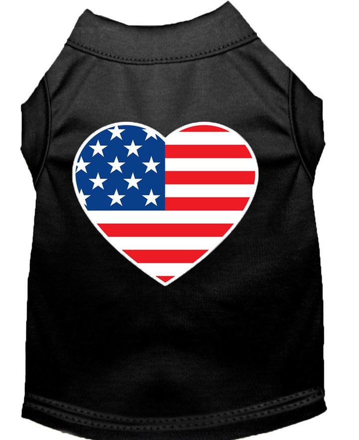 Black pet shirt with American flag heart design on a white background