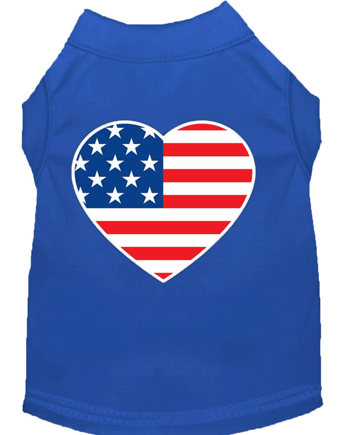 Blue pet shirt with American flag heart design on a white background