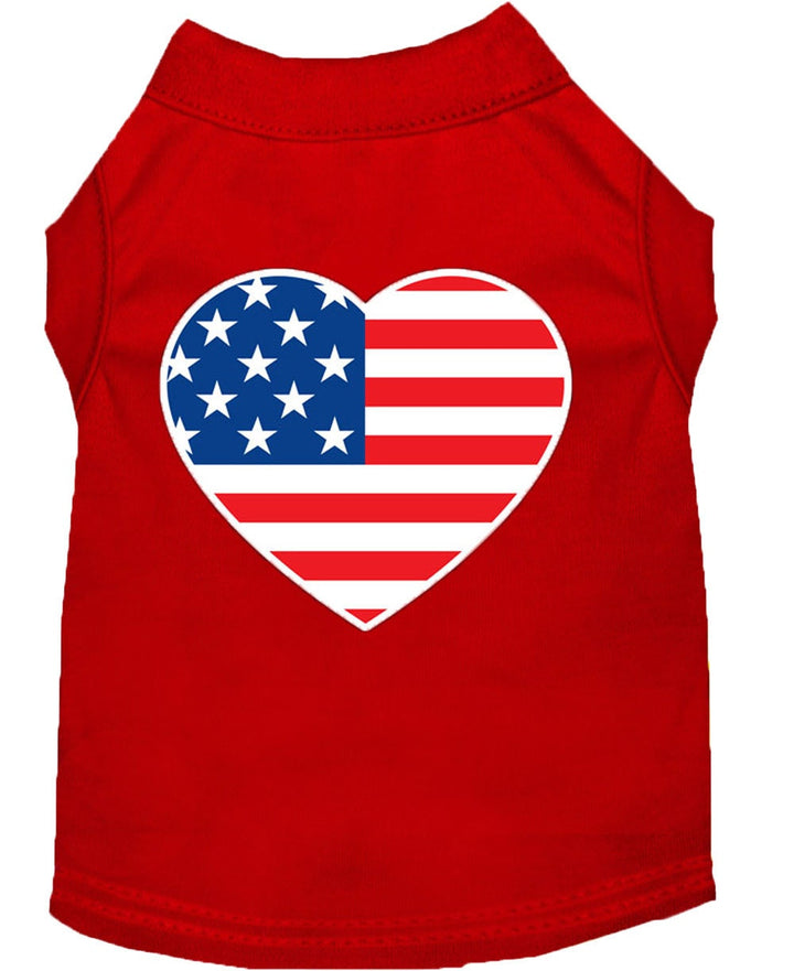 Red pet shirt with American flag heart design on a white background