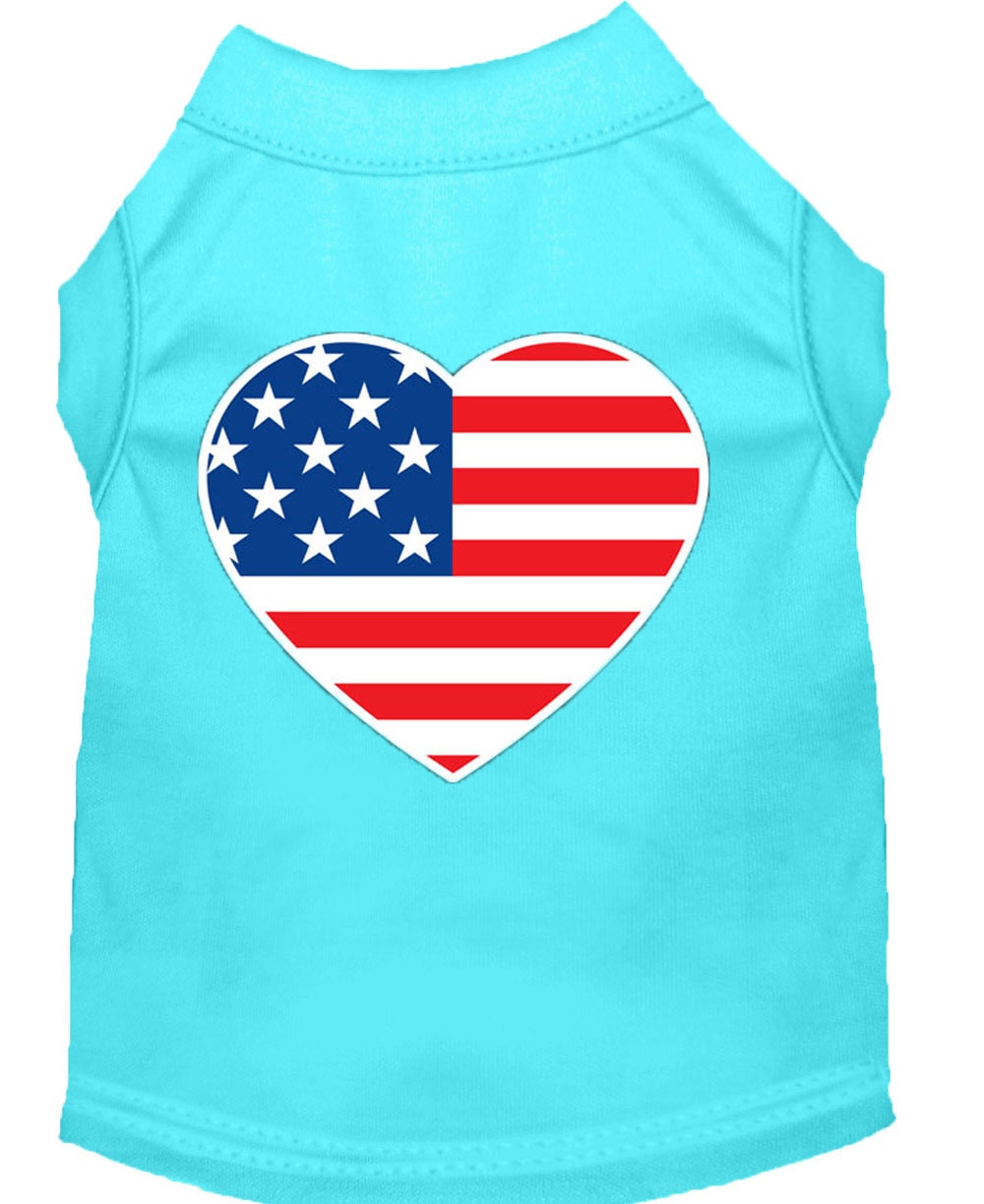Turquoise pet tank top with American flag heart design on a white background