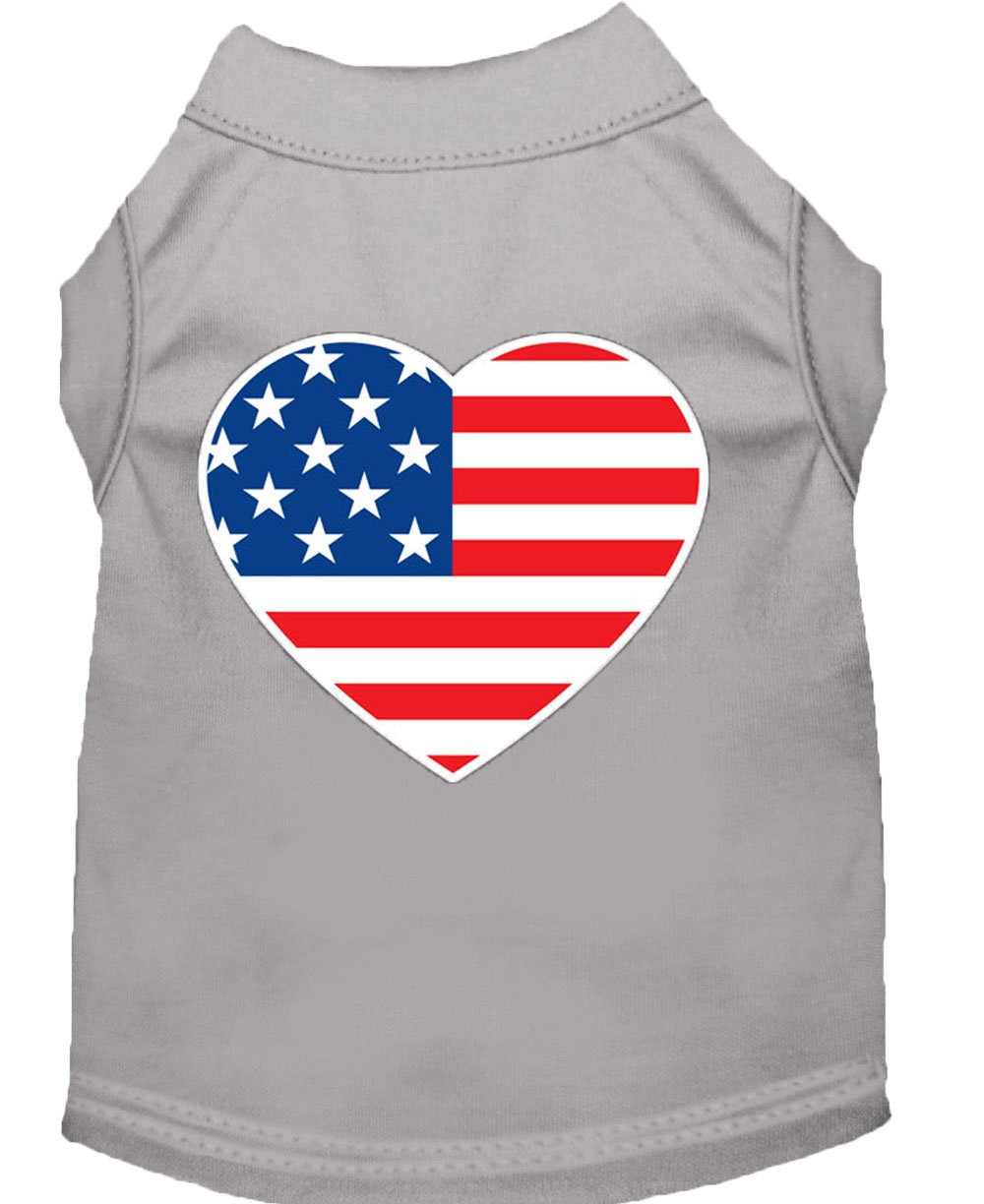 Gray pet tank top with an American flag heart design on a white background