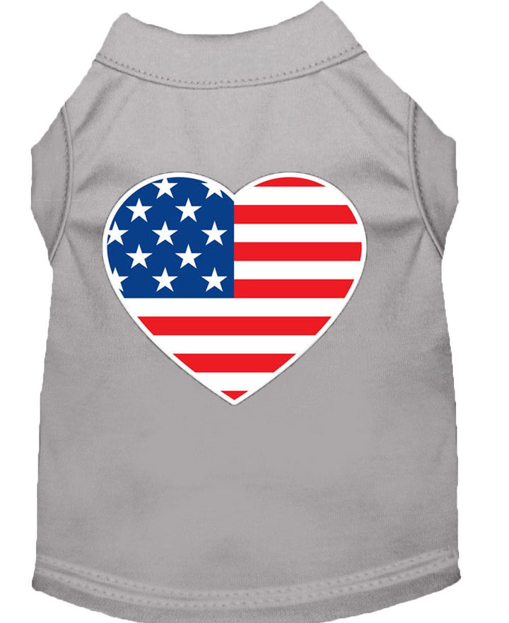 Gray pet tank top with an American flag heart design on a white background