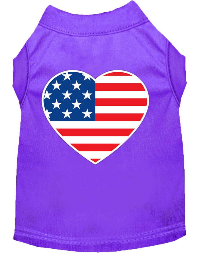 Purple pet shirt with American flag heart design on a white background